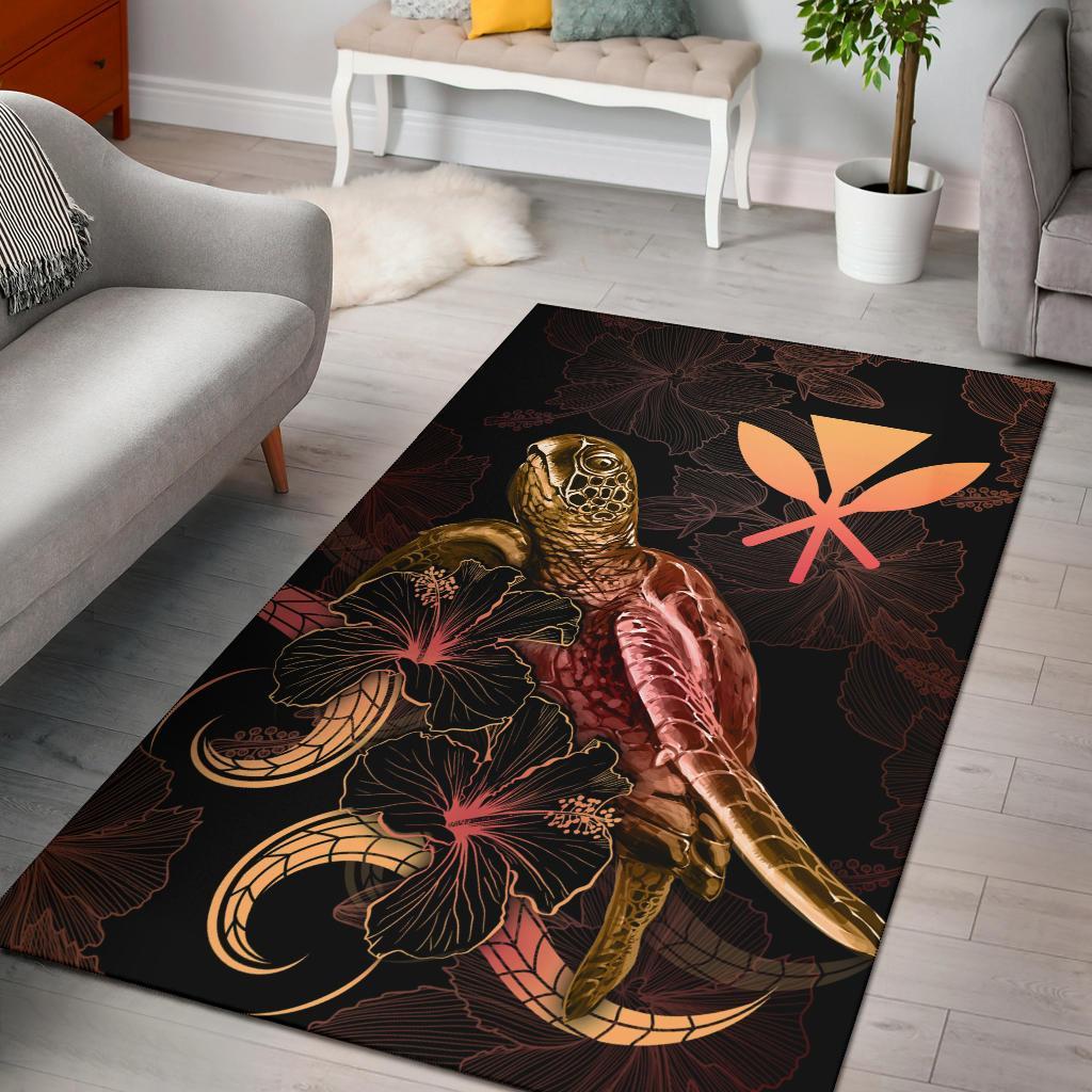 Hawaii Polynesian Area Rugs - Turtle With Blooming Hibiscus Gold Gold - Polynesian Pride