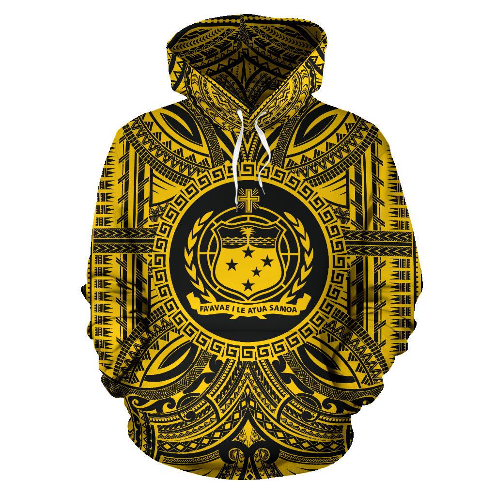 Samoa ll Over Hoodie Samoa Coat of rms Polynesian Gold Black Unisex Gold - Polynesian Pride