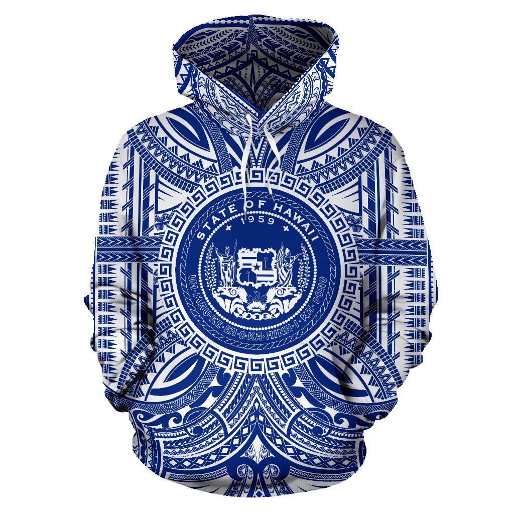 Hawaii ll Over Hoodie Hawaii Coat of rms Polynesian Flag Color Unisex Blue - Polynesian Pride