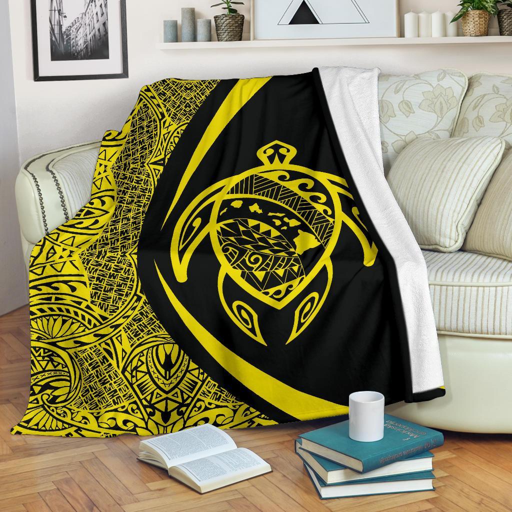 Hawaii Turtle Map Polynesian Premium Blanket - Yellow - Circle Style White - Polynesian Pride