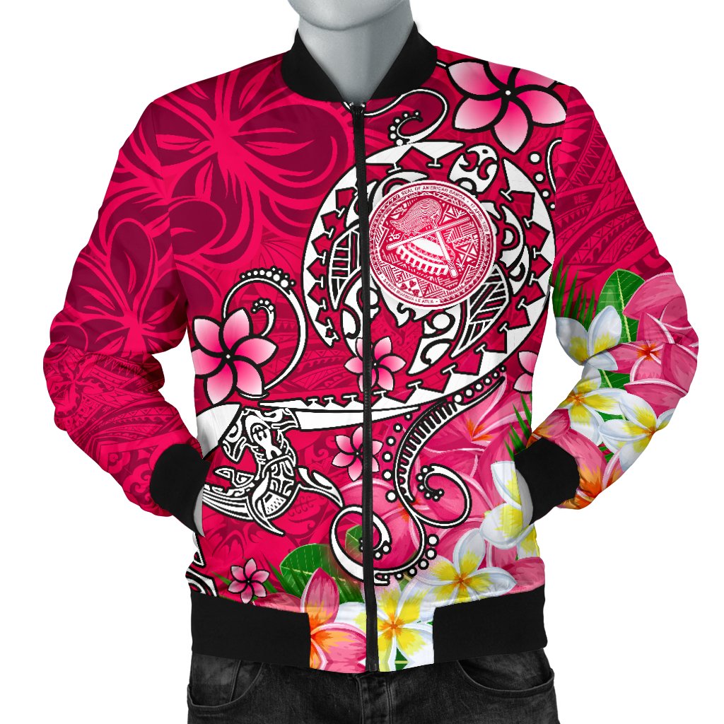 American Samoa Polynesian Men's Bomber Jacket - Turtle Plumeria (Pink) Pink - Polynesian Pride