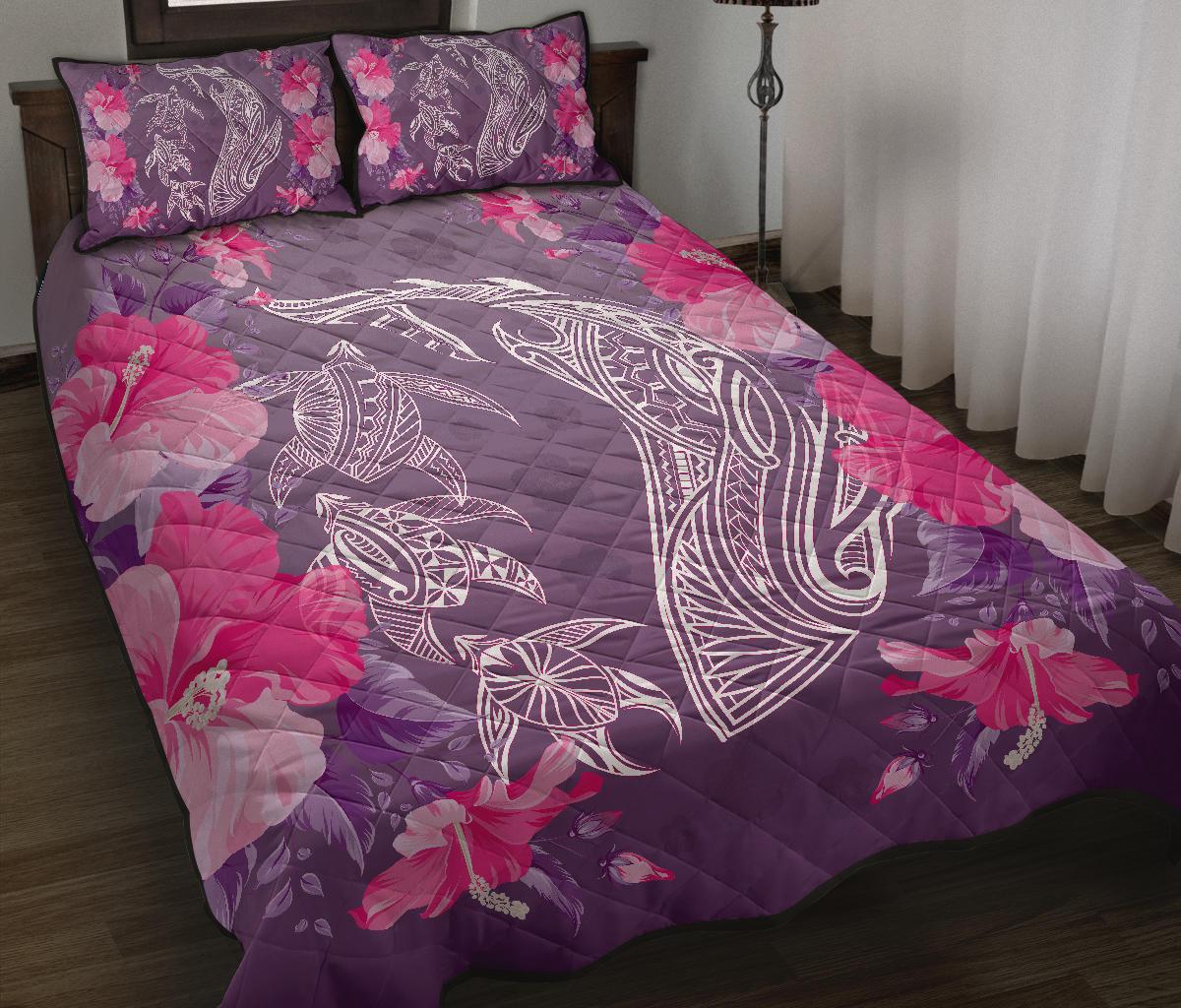 Hawaii Shark Turtle Hibiscus Quilt Bed Set - Wreath Style - AH - Polynesian Pride