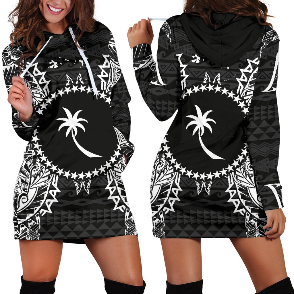 Chuuk Polynesian Hoodie Dress Map Black Black - Polynesian Pride