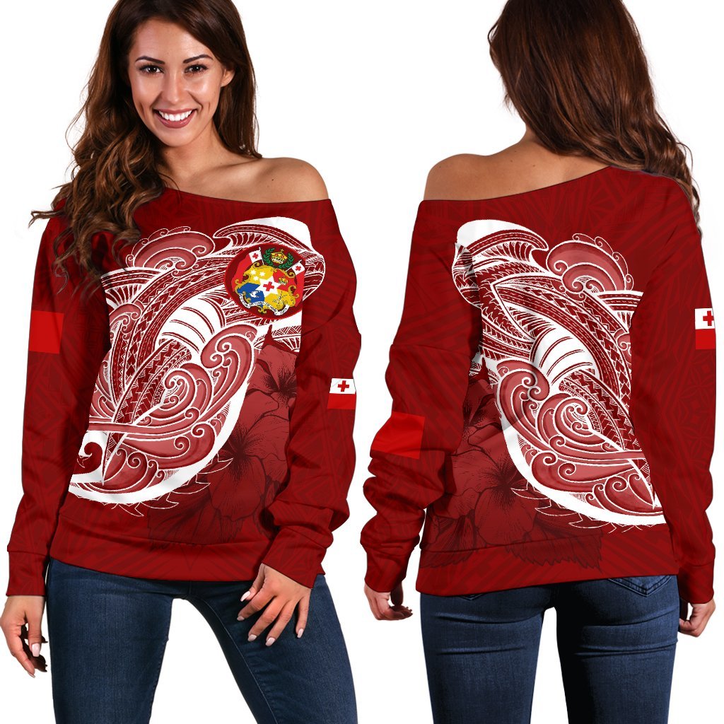 Tonga Women'S Off Shoulder Sweater Shark Coat Of Arms Red - Polynesian Pride