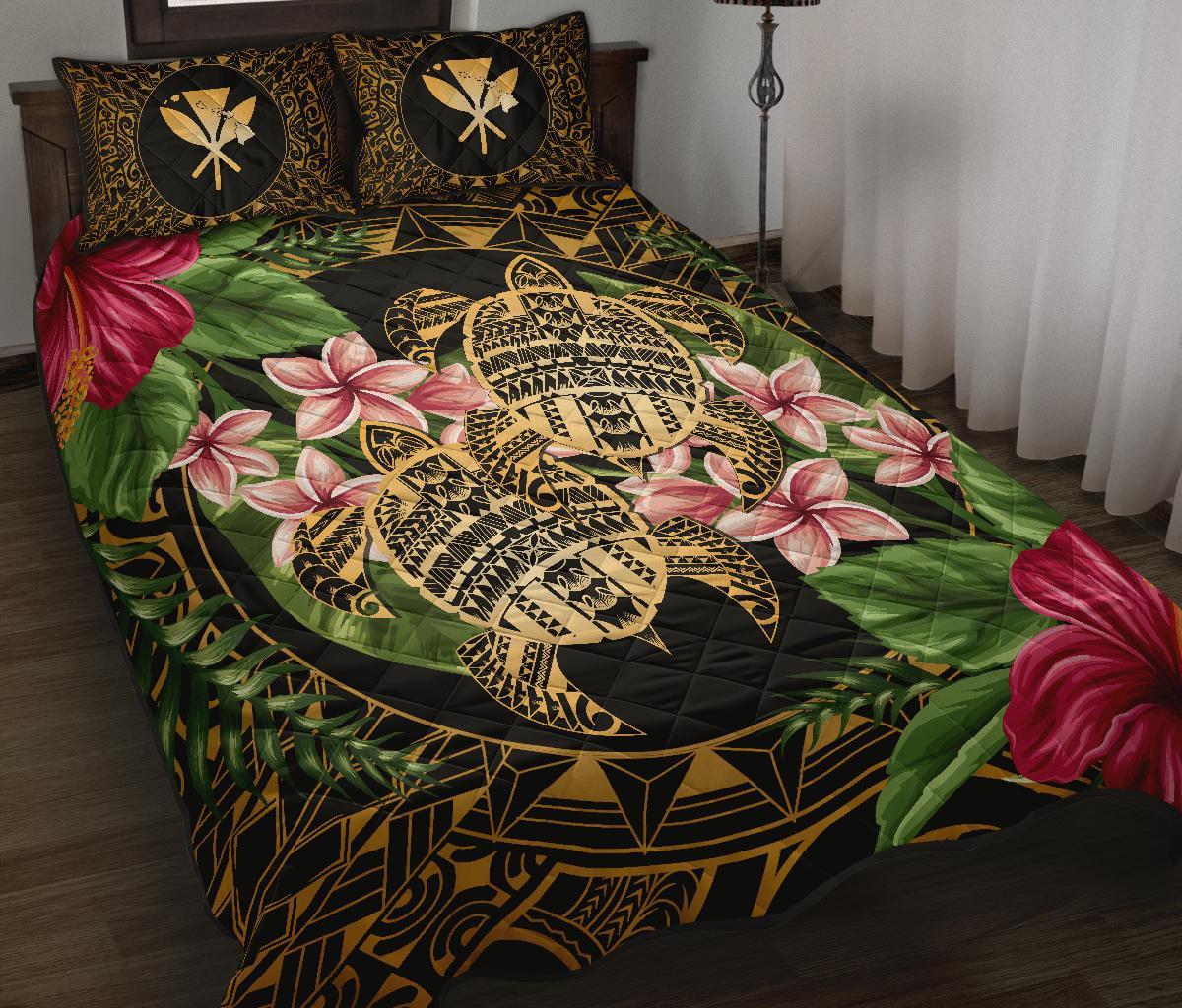 Hawaii Quilt Bed Set - Turtle Strong Pattern Hibiscus Plumeria Art AH Black - Polynesian Pride