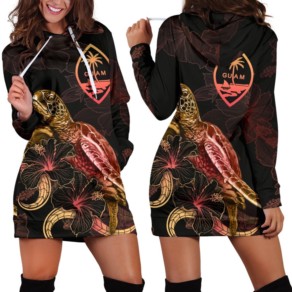 Guam Polynesian Hoodie Dress - Turtle With Blooming Hibiscus Gold Gold - Polynesian Pride