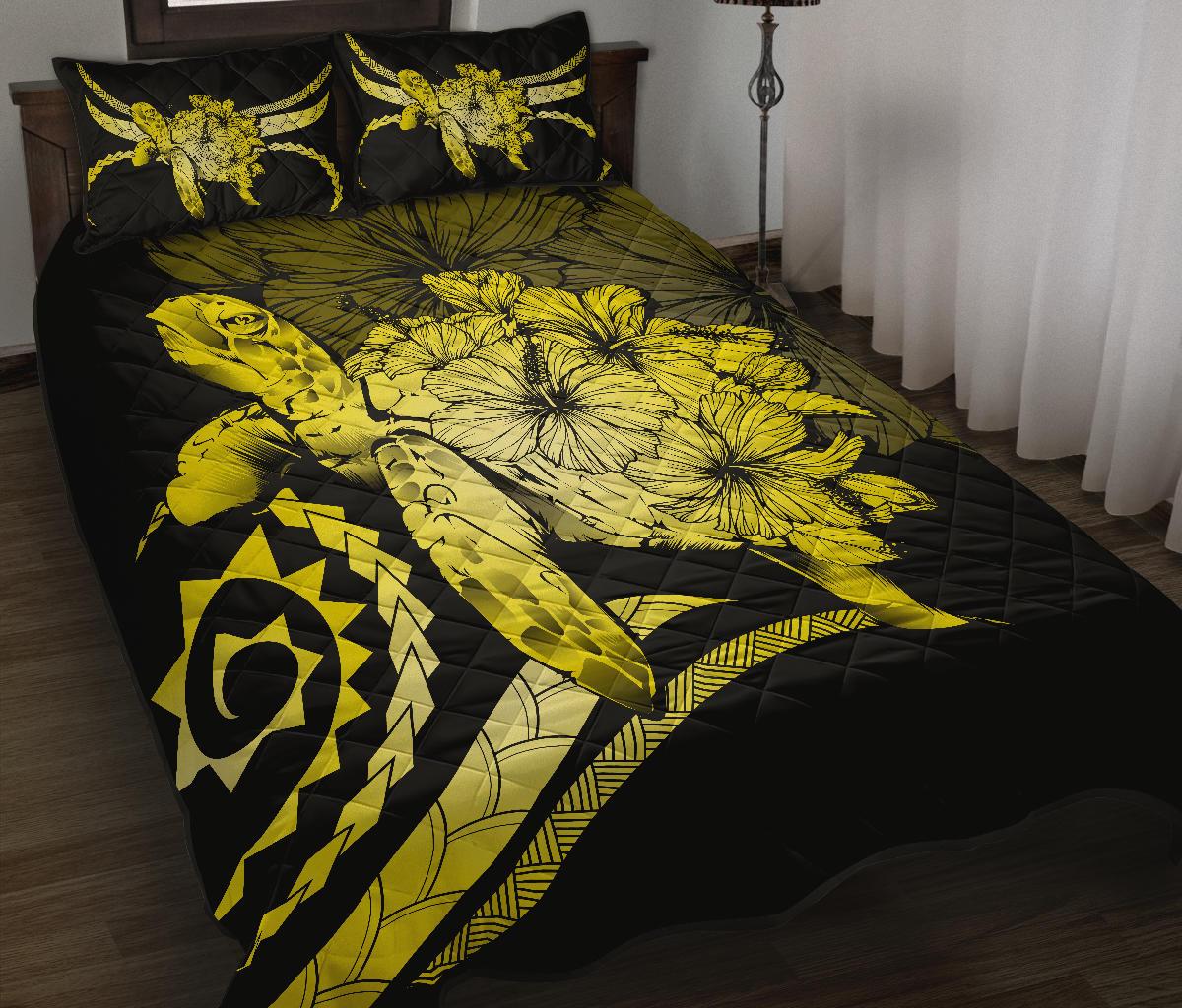 Hawaii Turtle Hibiscus Polynesian Vintage Quilt Bed Set - Yellow - Polynesian Pride