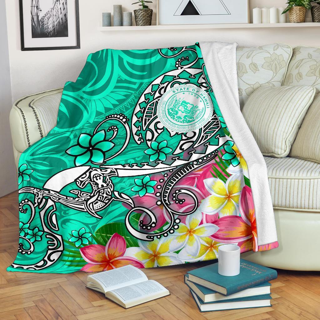 Hawaii Polynesian Premium Blanket - Hawaii Seal With Turtle Plumeria (Turquoise) White - Polynesian Pride