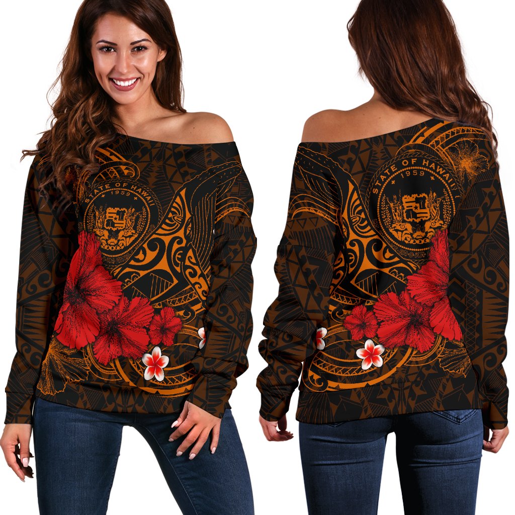 Polynesian Hawaii Off Shoulder Sweater - Humpback Whale with Hibiscus (Golden) Golden - Polynesian Pride