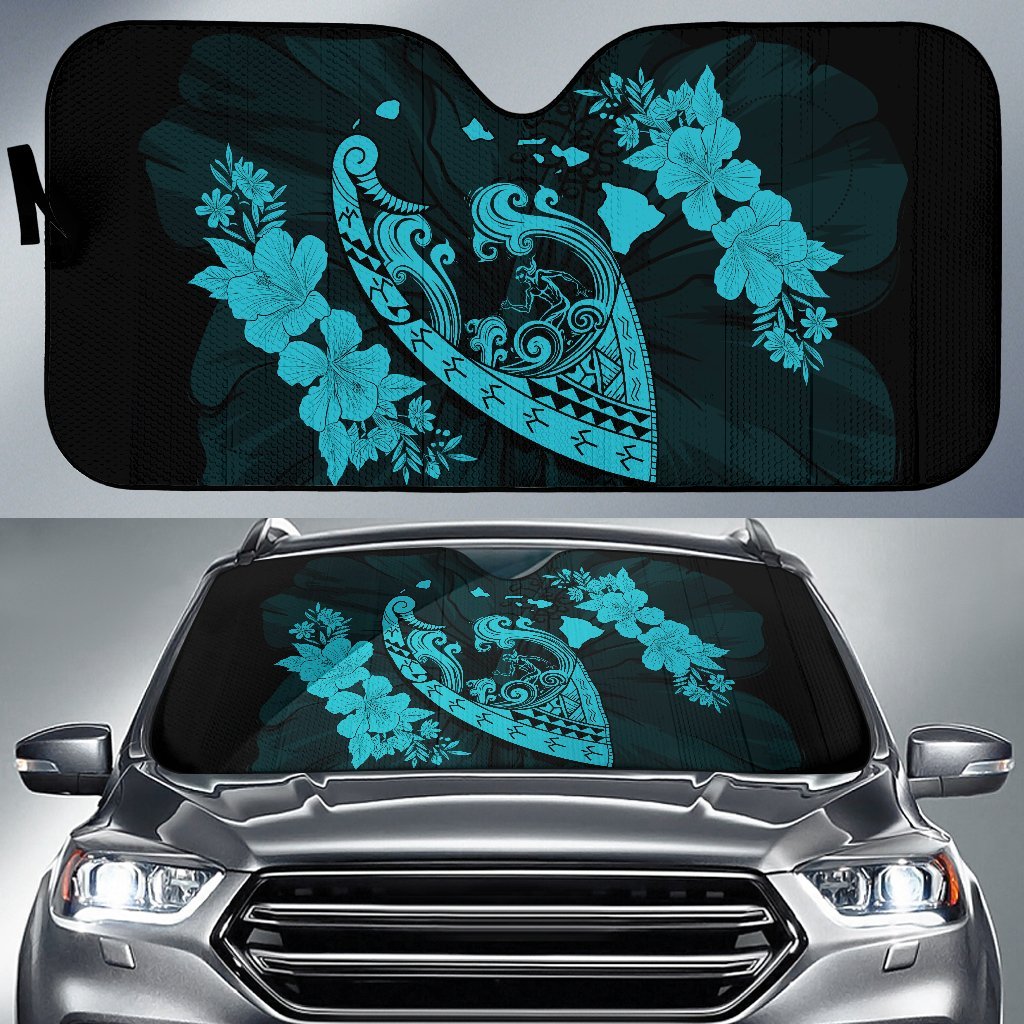 Hawaii Hibiscus Banzai Surfing Car Sun Shade - AH - Blue Auto Sun Shade Universal Fit Blue - Polynesian Pride