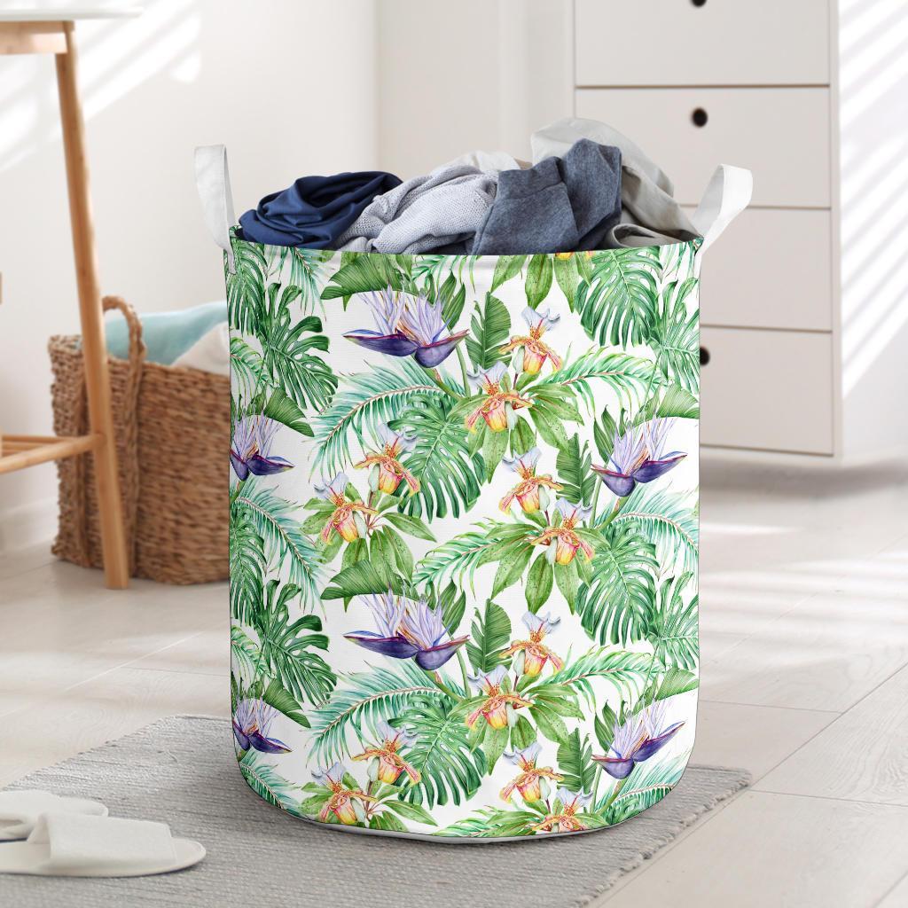Tropical Orange Orchids Strelitzia Monstera Hawaii Laundry Basket Laundry Basket One Size Black - Polynesian Pride