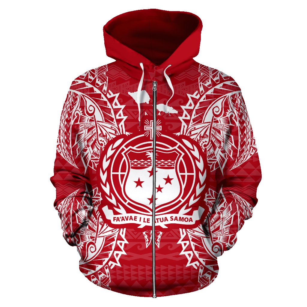 Samoa Polynesian All Over Zip up Hoodie Map Red White - Polynesian Pride