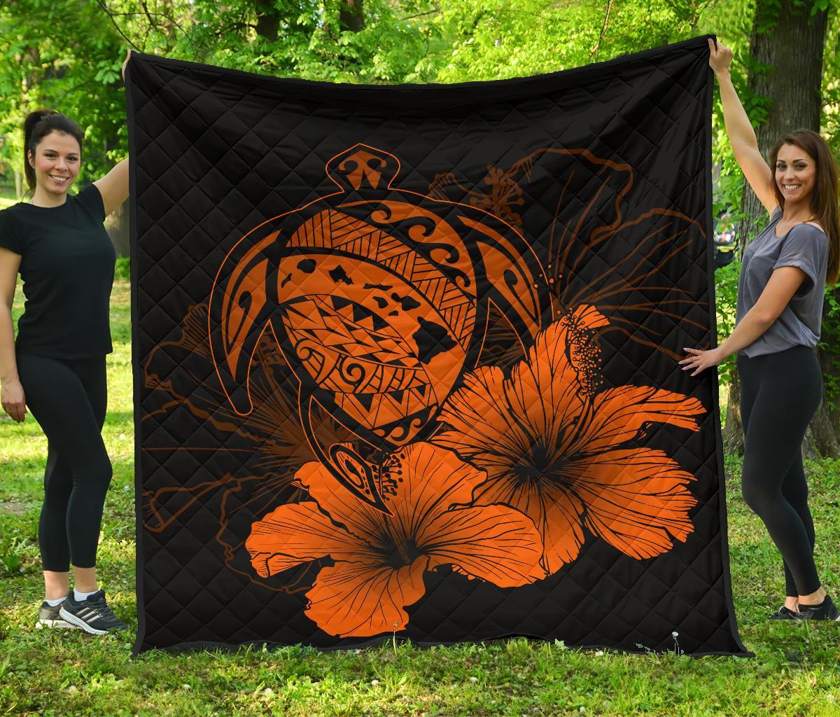 Hawaii Hibiscus Premium Quilt - Turtle Map - Orange Orange - Polynesian Pride