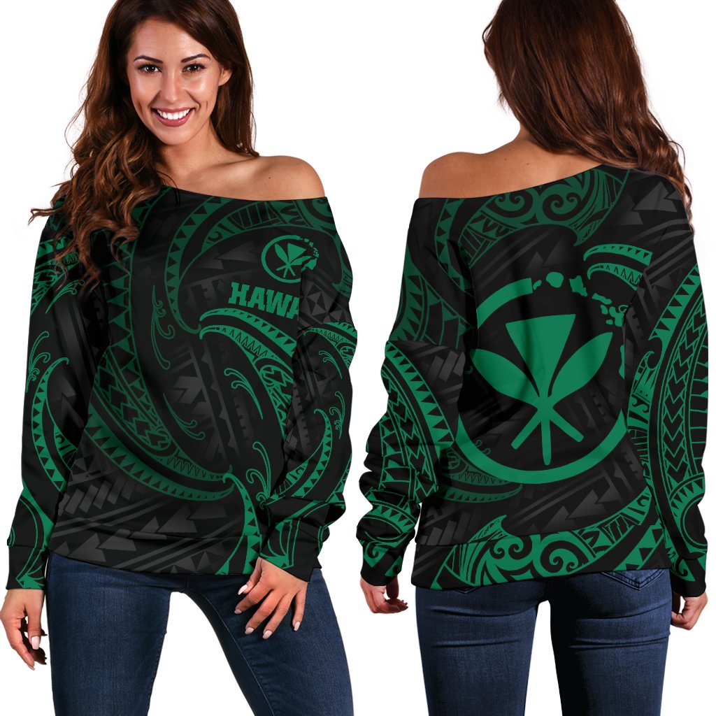 Hawaii Polynesian Women's Off Shoulder Sweater - Green Tribal Wave Green - Polynesian Pride