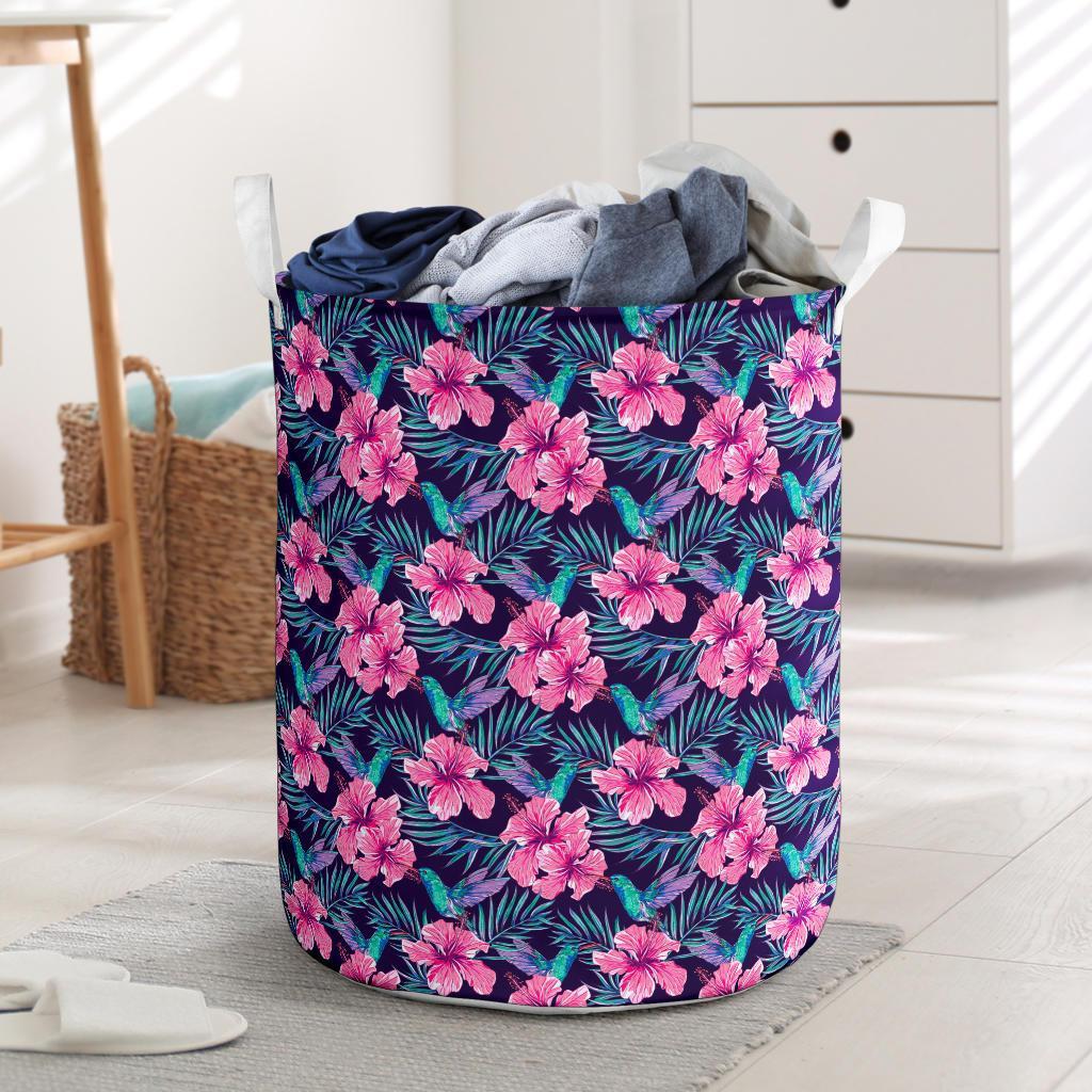 Tropical Flowers With Hummingbirds Palm Leaves Hawaii Laundry Basket Laundry Basket One Size Black - Polynesian Pride