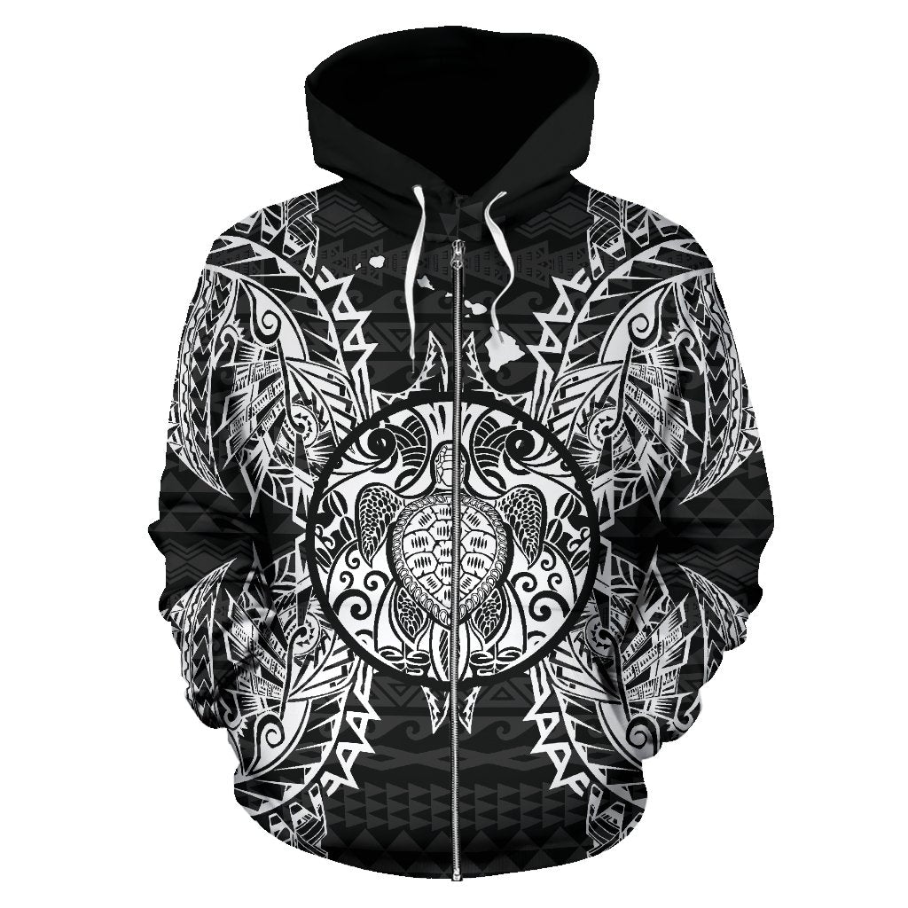 Polynesian Hawaii All Over Zip up Hoodie Map Turtle Black - Polynesian Pride