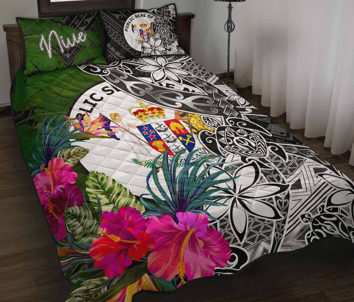 Niue Quilt Bed Set - Turtle Plumeria Banana Leaf Black - Polynesian Pride