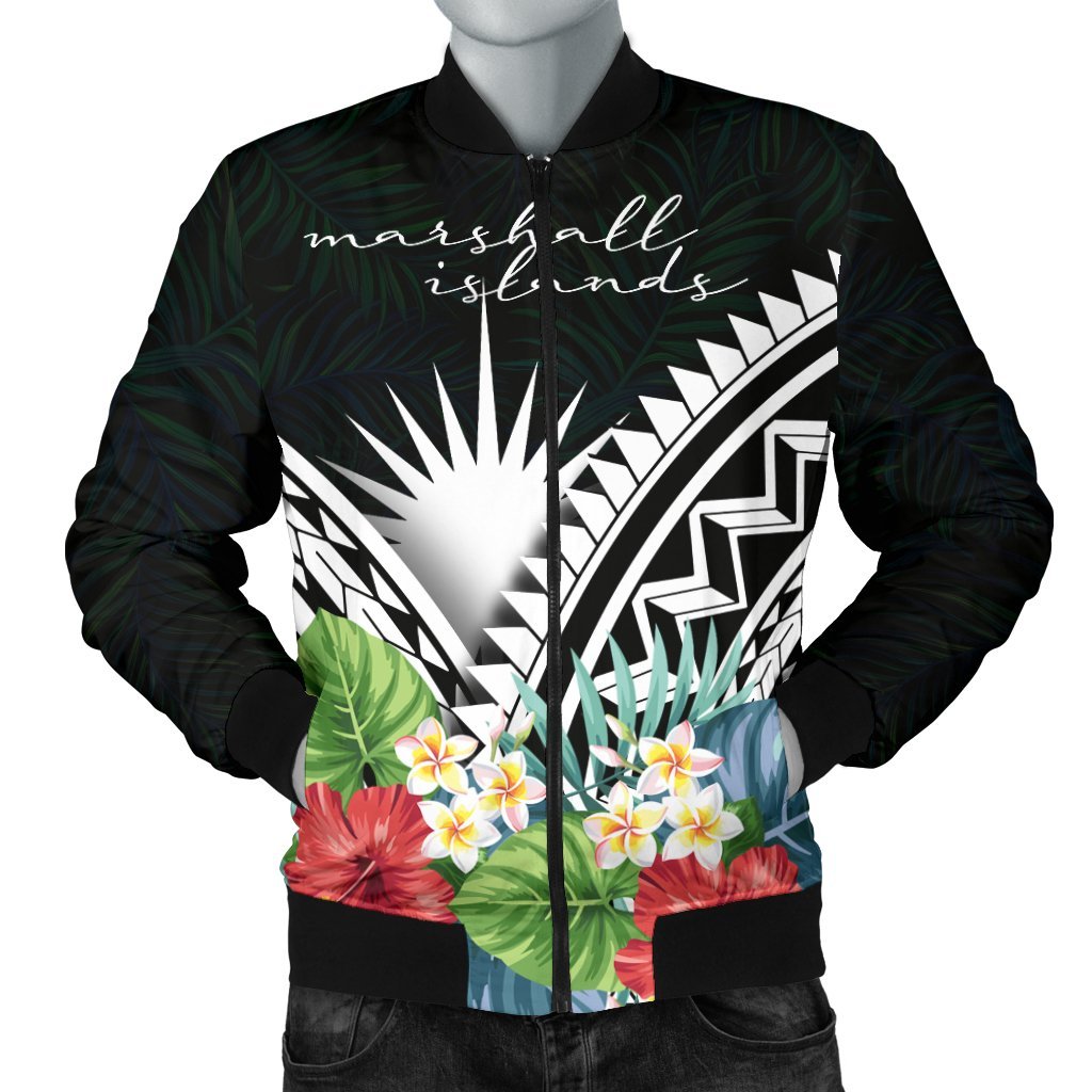 Marshall Islands Men's Bomber Jacket - Marshall Islands Coat of Arms & Polynesian Tropical Flowers White White - Polynesian Pride