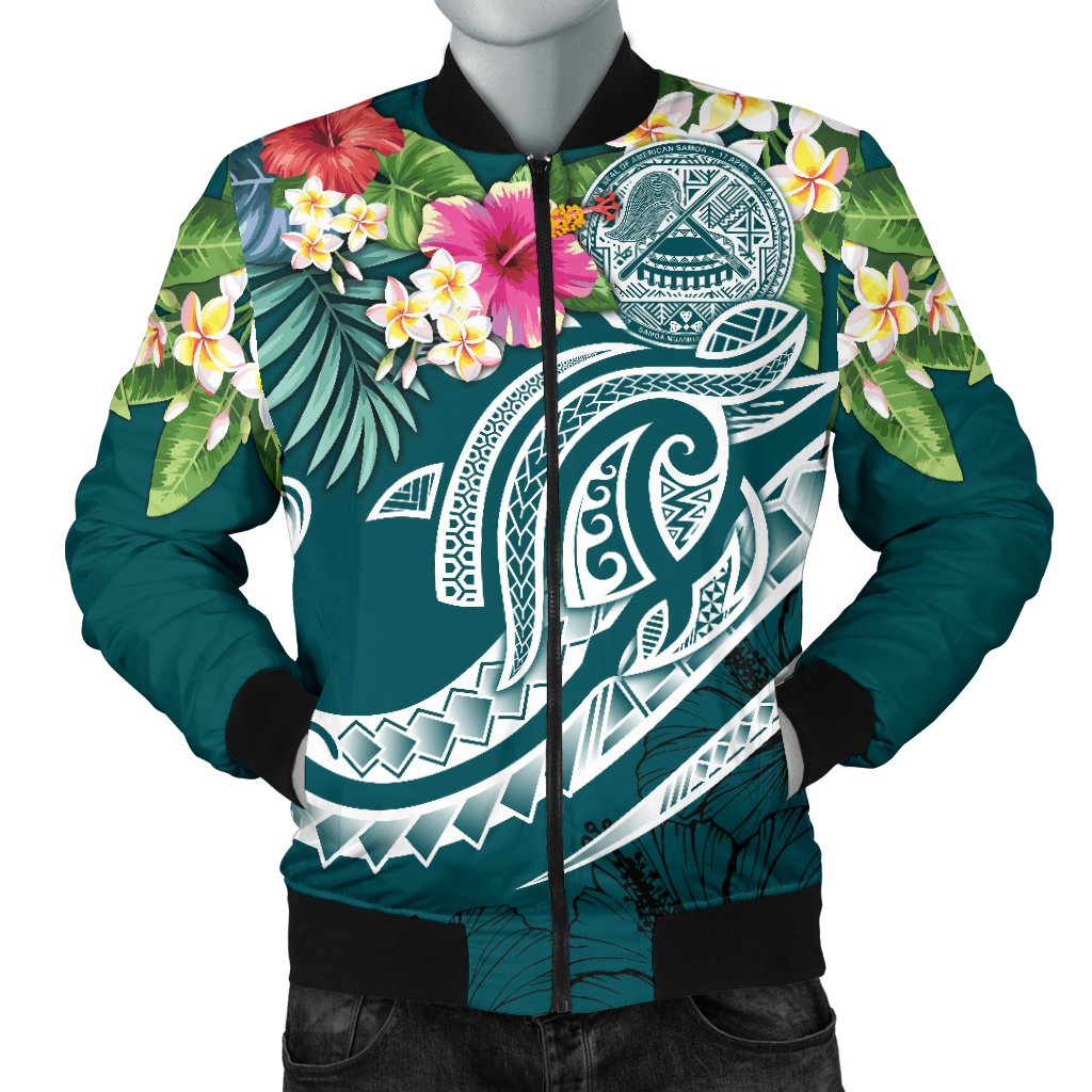 American Samoa Polynesian Men's Bomber Jacket - Summer Plumeria Blue - Polynesian Pride