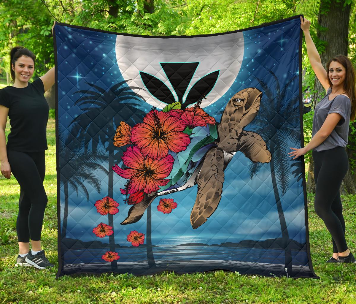 Hawaii Turtle Kanaka Hibiscus Stary Night Premium Quilt Blue - Polynesian Pride