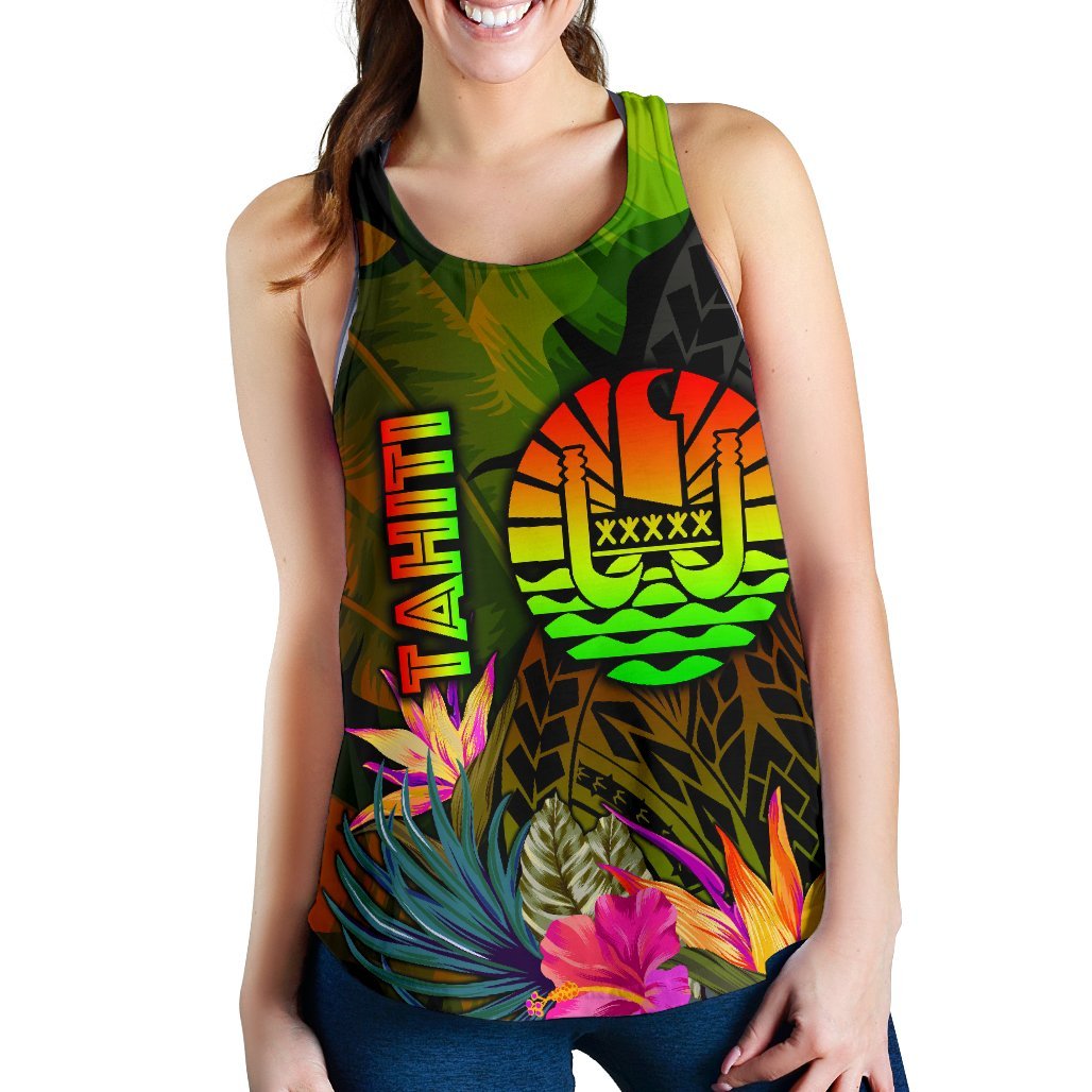 Tahiti Polynesian Women's Racerback Tank - Hibiscus and Banana Leaves - Polynesian Pride