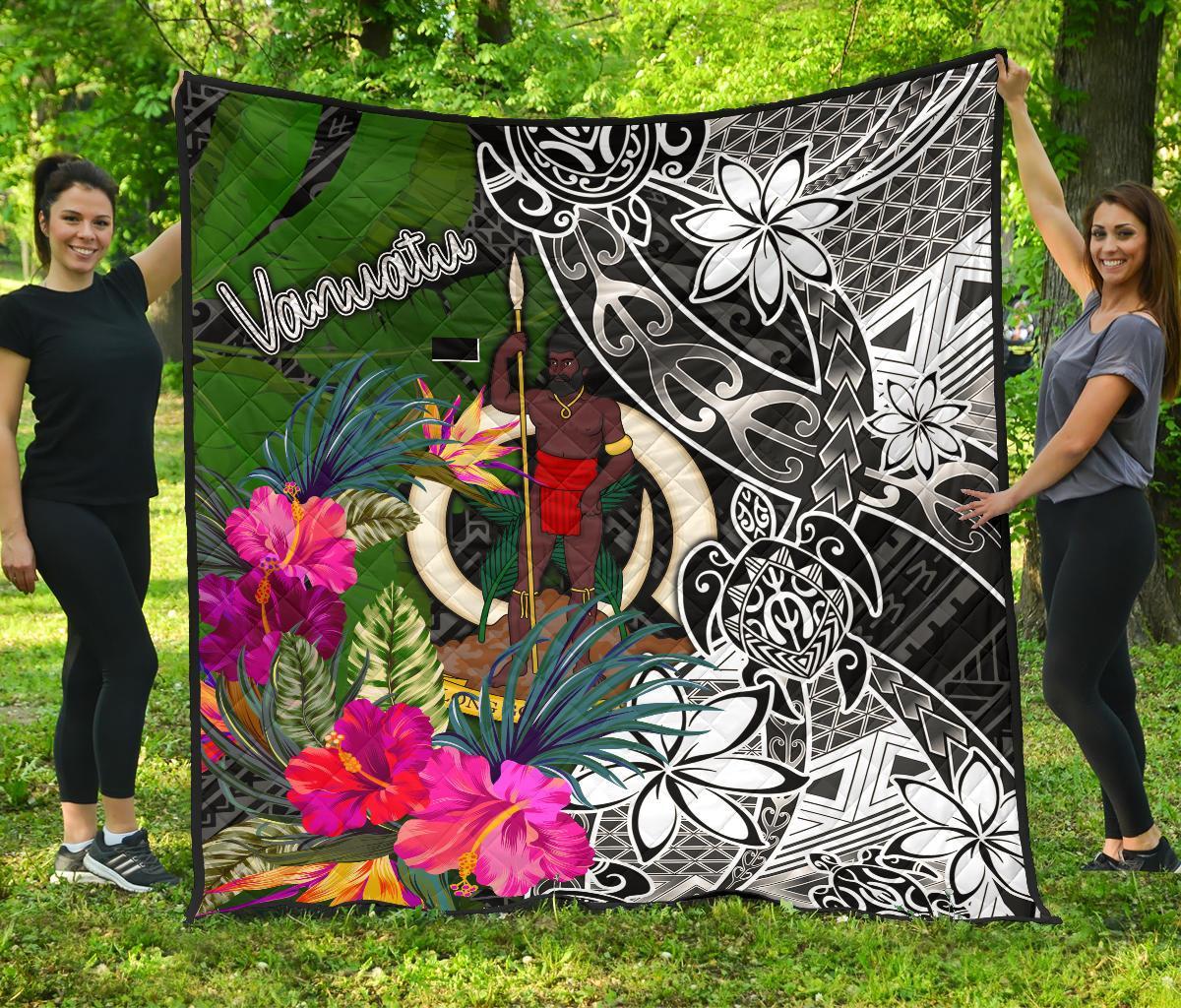 Vanuatu Premium Quilt - Turtle Plumeria Banana Leaf Black - Polynesian Pride