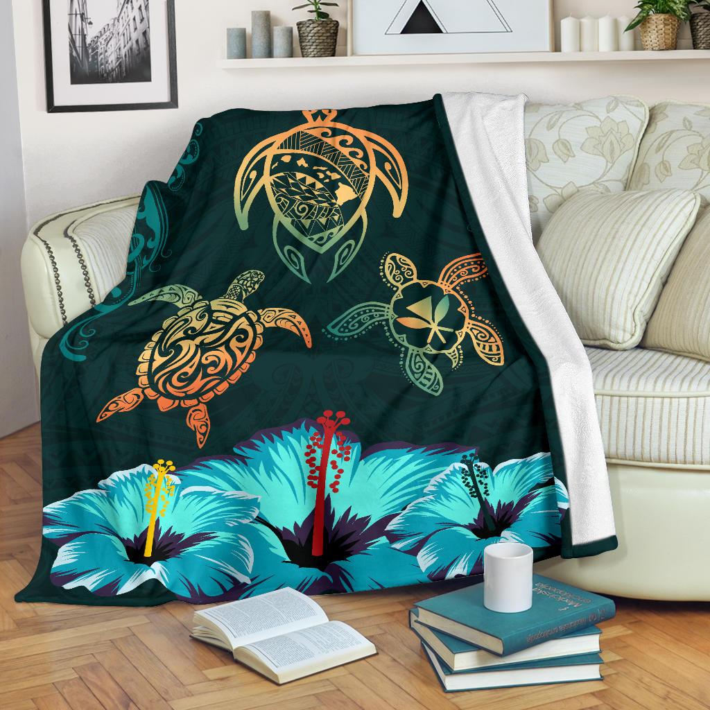 Hawaii Map Turtle Hibiscus Polynesian Luxury Premium Blanket - Honu Ohana - Polynesian Pride