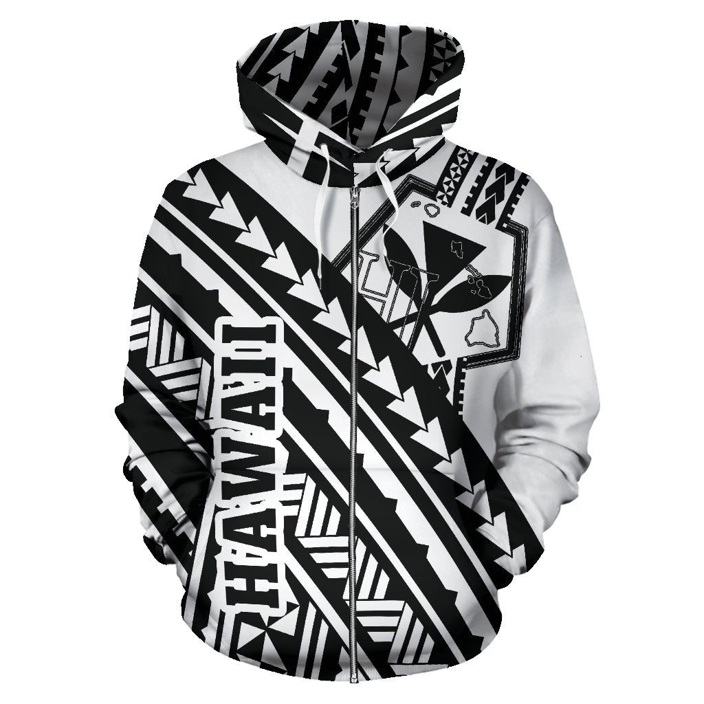 Hawaii Kanaka Polynesian Zip up Hoodie Poly Style Black and White - Polynesian Pride
