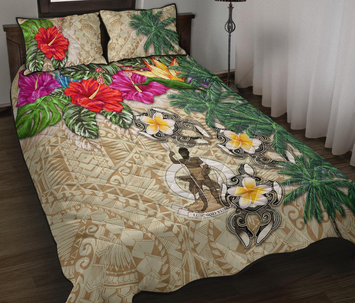 Vanuatu Polynesian Quilt Bed Set - Hibiscus Turtle Tattoo Beige Beige - Polynesian Pride