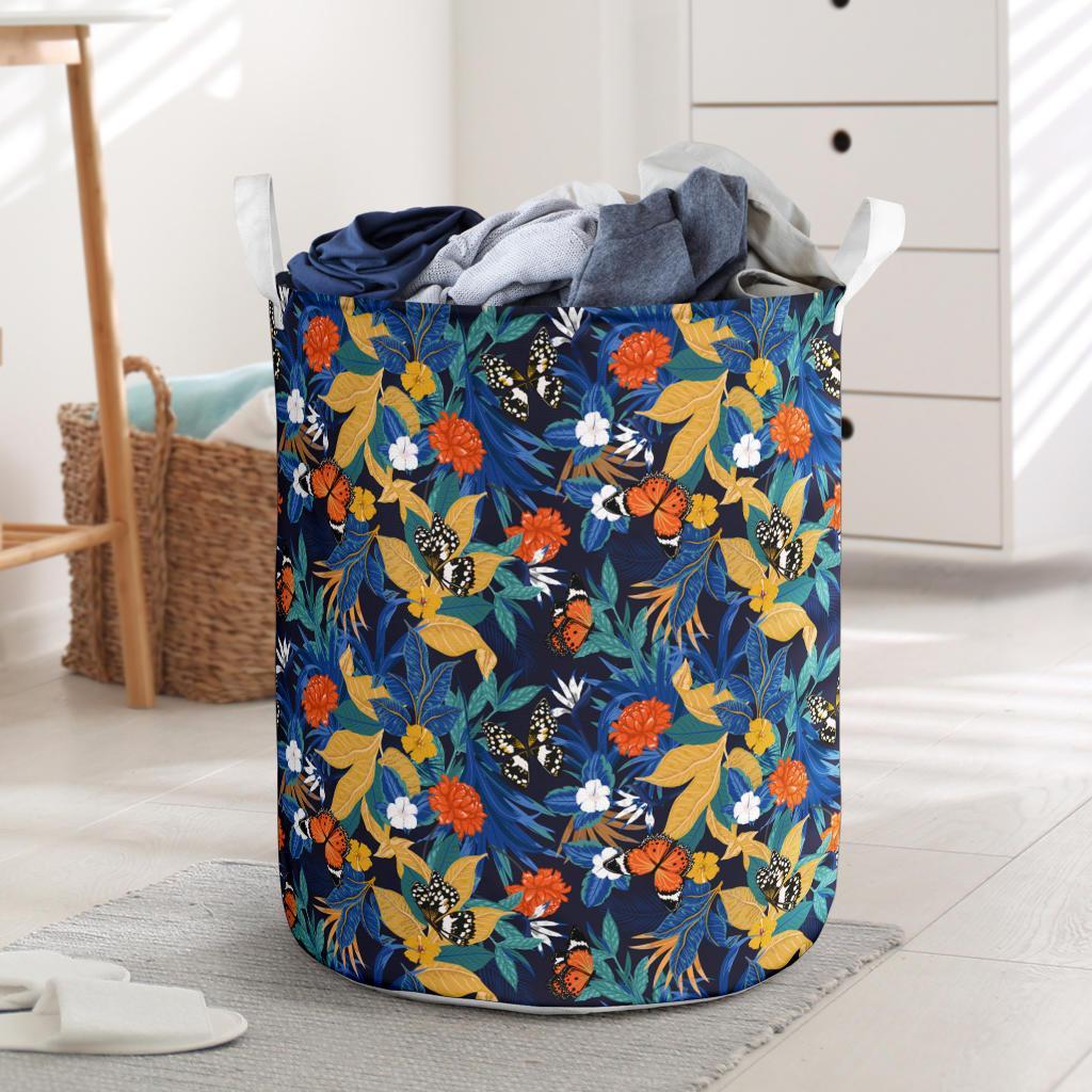 Tropical Buttterfly And Flower Hawaii Laundry Basket Laundry Basket One Size Black - Polynesian Pride