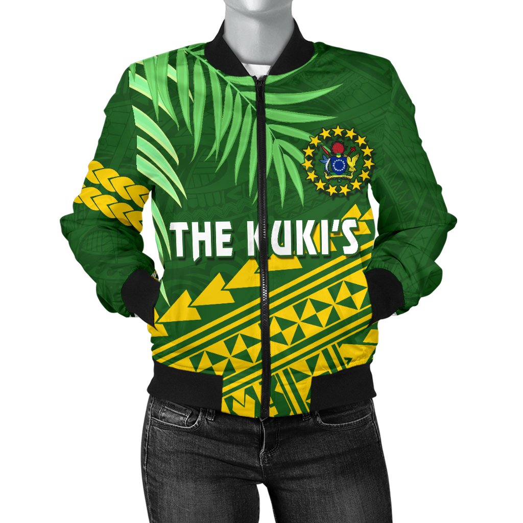 Cook Islands Rugby Women Bomber Jacket Coconut Leaves - The Kuki's Green - Polynesian Pride