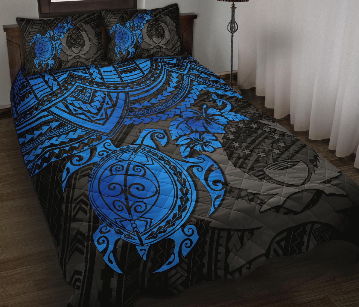 Pohnpei Polynesian Quilt Bed Set - Pohnpei Flag & Blue Turtle Hibiscus BLUE - Polynesian Pride