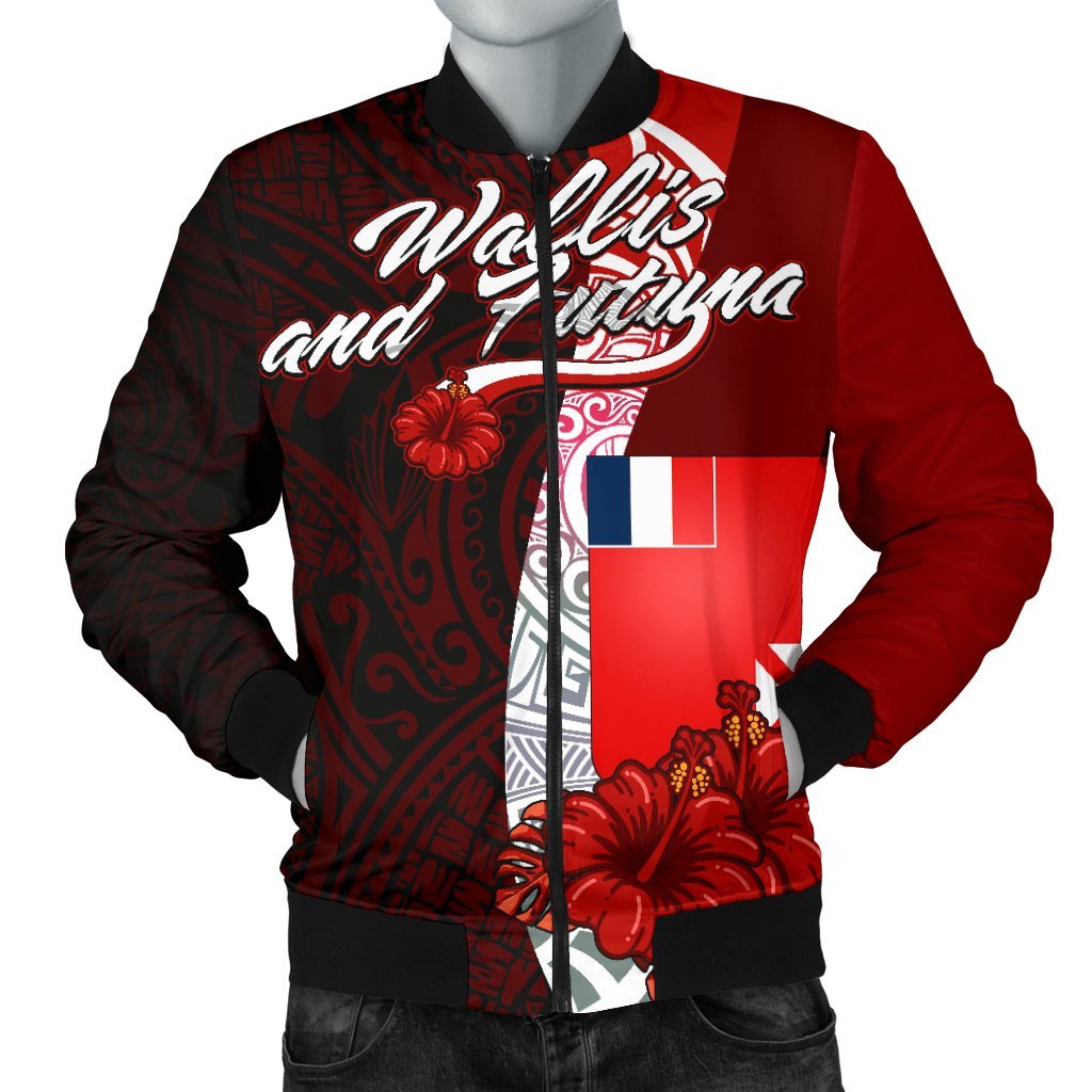 Wallis and Futuna Polynesian Men's Bomber Jacket - Coat Of Arm With Hibiscus Red - Polynesian Pride