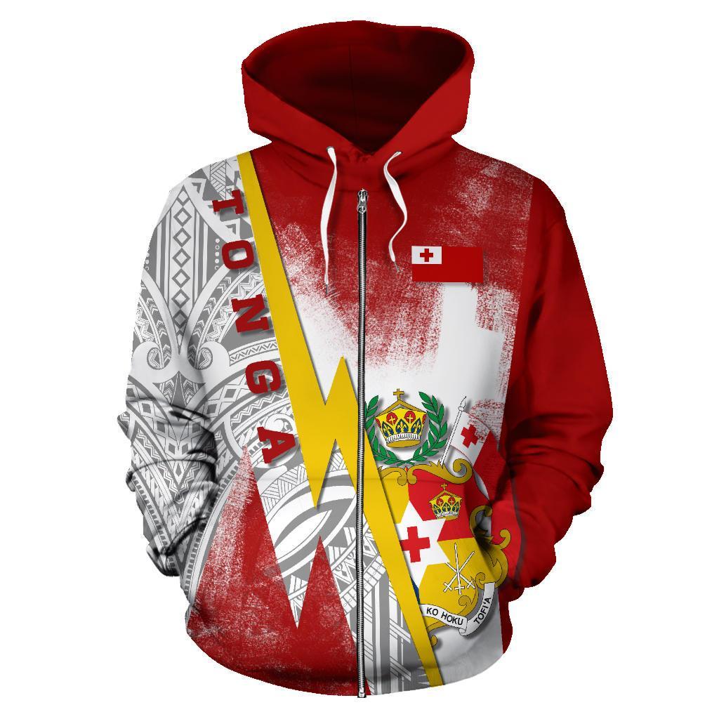 Tonga Zip up Hoodie Tonga Flag Coat of Arms With Polynesian Tattoo Style K13 - Polynesian Pride
