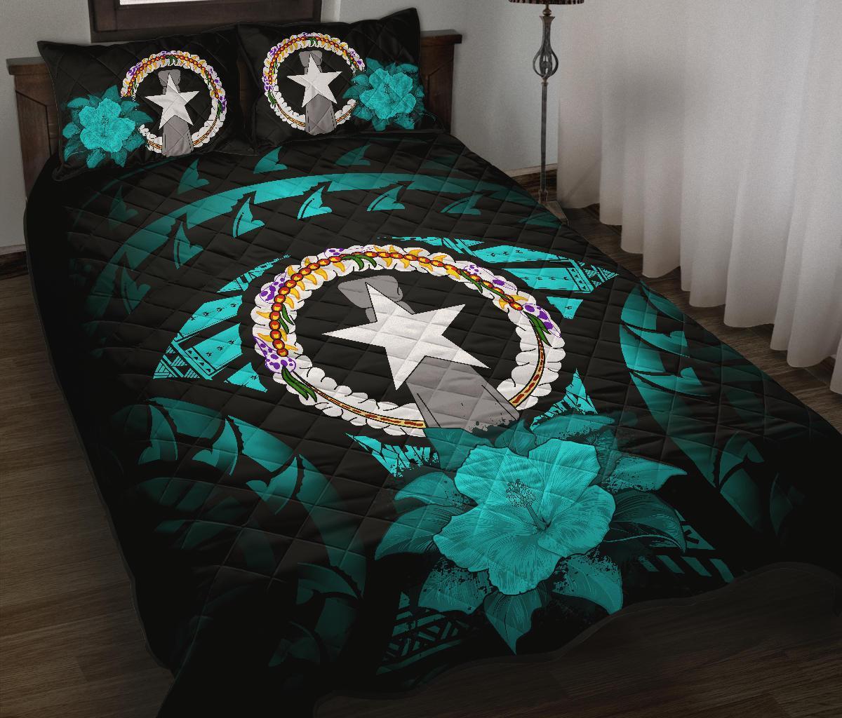 Northern Mariana Islands Polynesian Quilt Bed Set Hibiscus Turquoise Black - Polynesian Pride