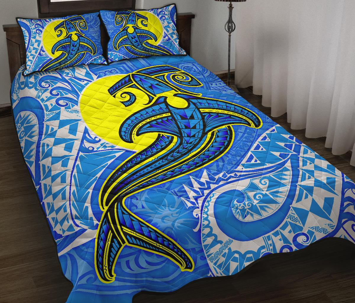 Palau Polynesian Quilt Bed Set - Palau Flag with Polynesian Tattoo Blue - Polynesian Pride