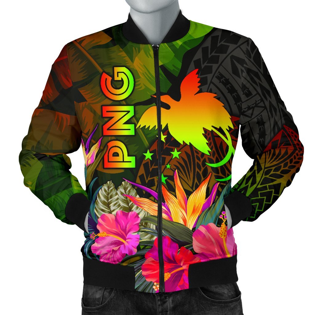 Papua New Guinea Polynesian Men's Bomber Jacket - Hibiscus and Banana Leaves Reggae - Polynesian Pride