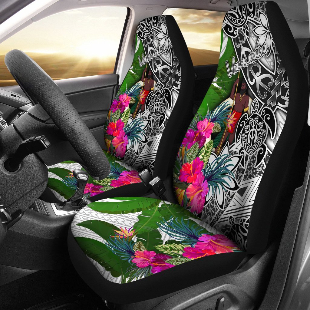 Vanuatu Car Seat Covers White - Turtle Plumeria Banana Leaf Universal Fit White - Polynesian Pride