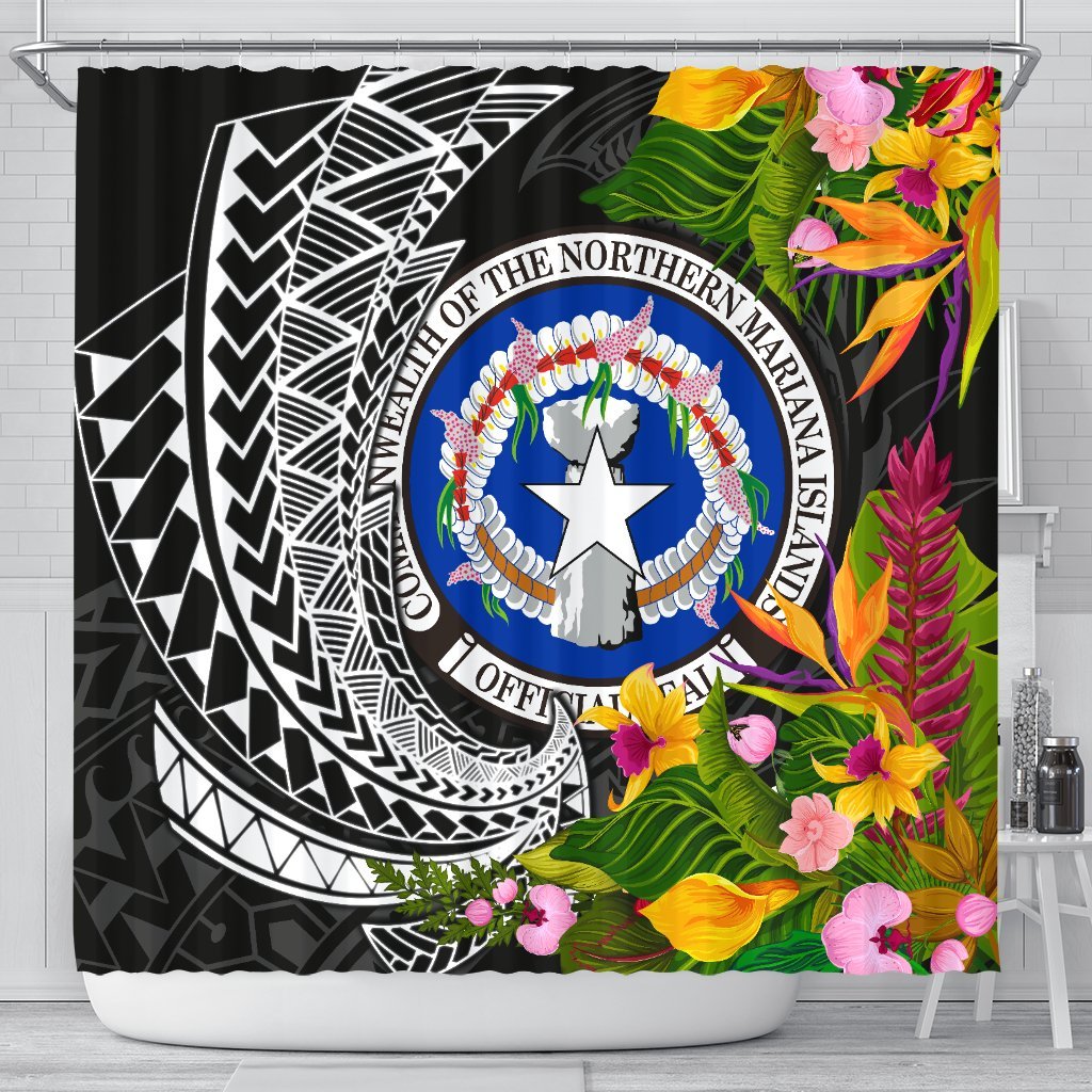 Northern Mariana Islands Shower Curtains - Seal Spiral Polynesian Patterns 177 x 172 (cm) Black - Polynesian Pride