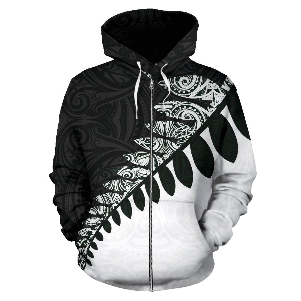 New Zealand Zip up Hoodie, Maori Silver Fern Zipper Hoodie Unisex Black - Polynesian Pride