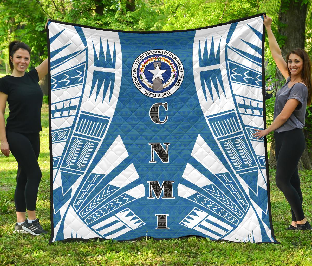 Northern Mariana Islands Premium Quilt - Northern Mariana Islands Seal Polynesian White Tattoo (Blue) - Polynesian Pride