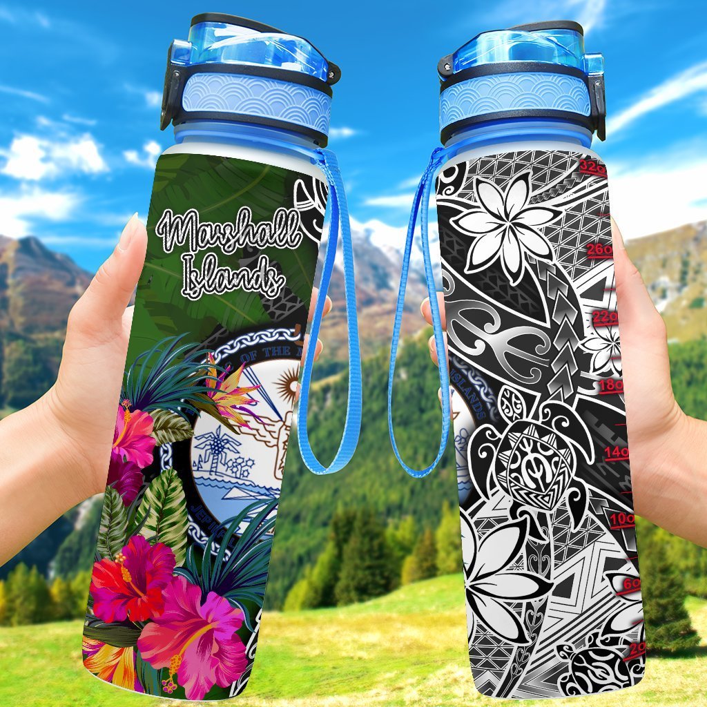 Marshall Islands Hydro Tracking Bottle - Turtle Plumeria Banana Leaf Crest Hydro Tracking Bottle 32oz Large Black - Polynesian Pride