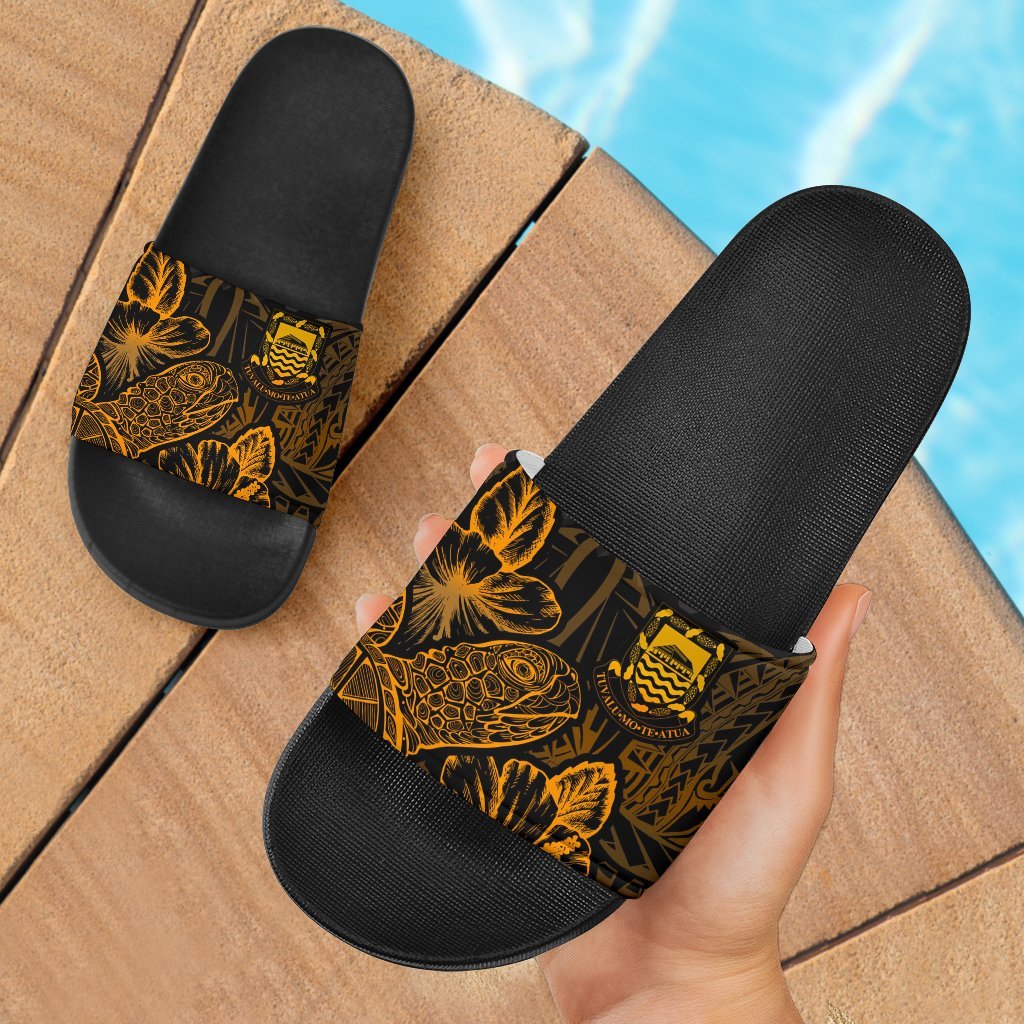 Tuvalu Sandals - Turtle Hibiscus Pattern Gold Black - Polynesian Pride