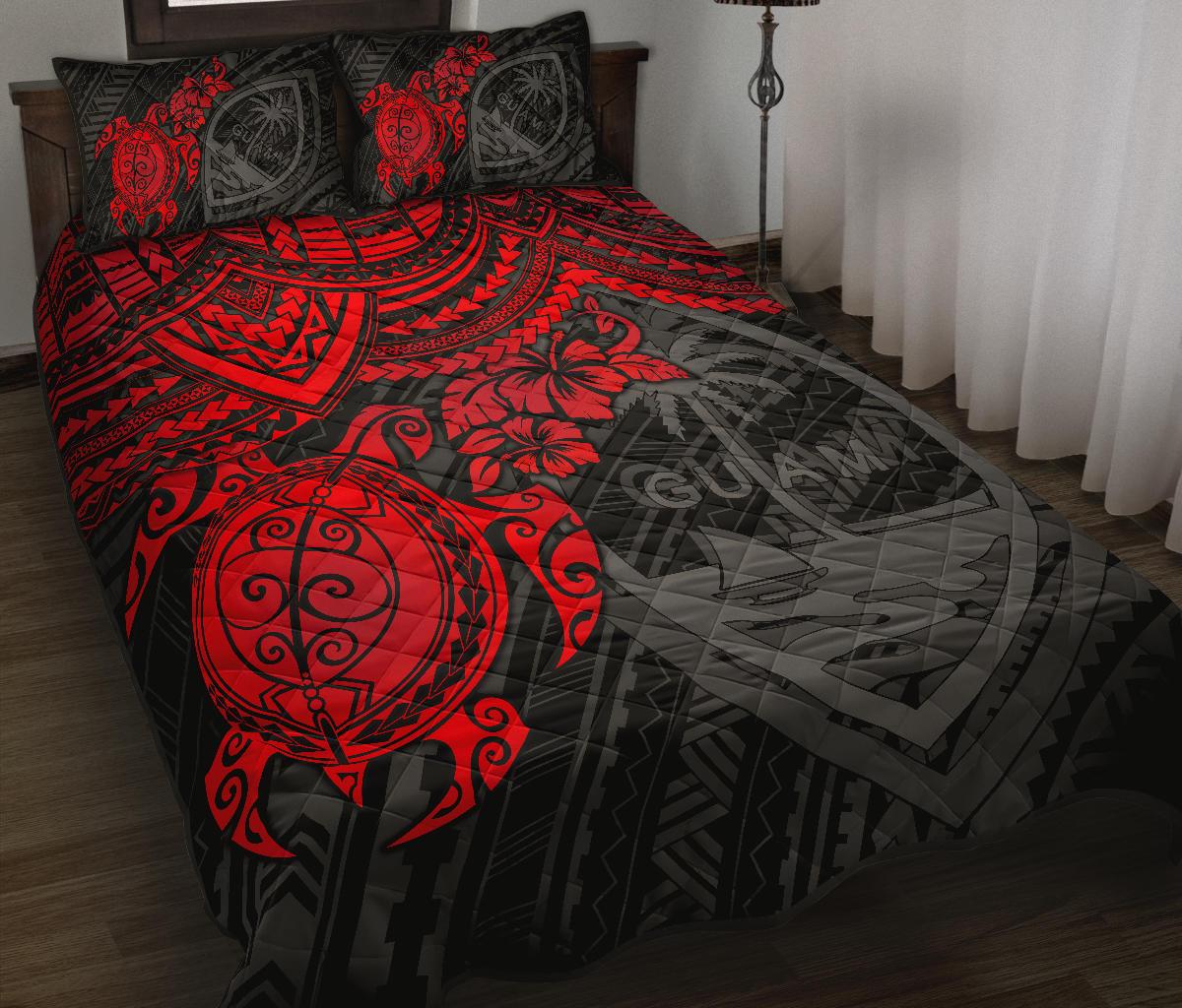 Guam Polynesian Quilt Bed Set - Guam Coat Of Arms & Red Turtle Hibiscus RED - Polynesian Pride