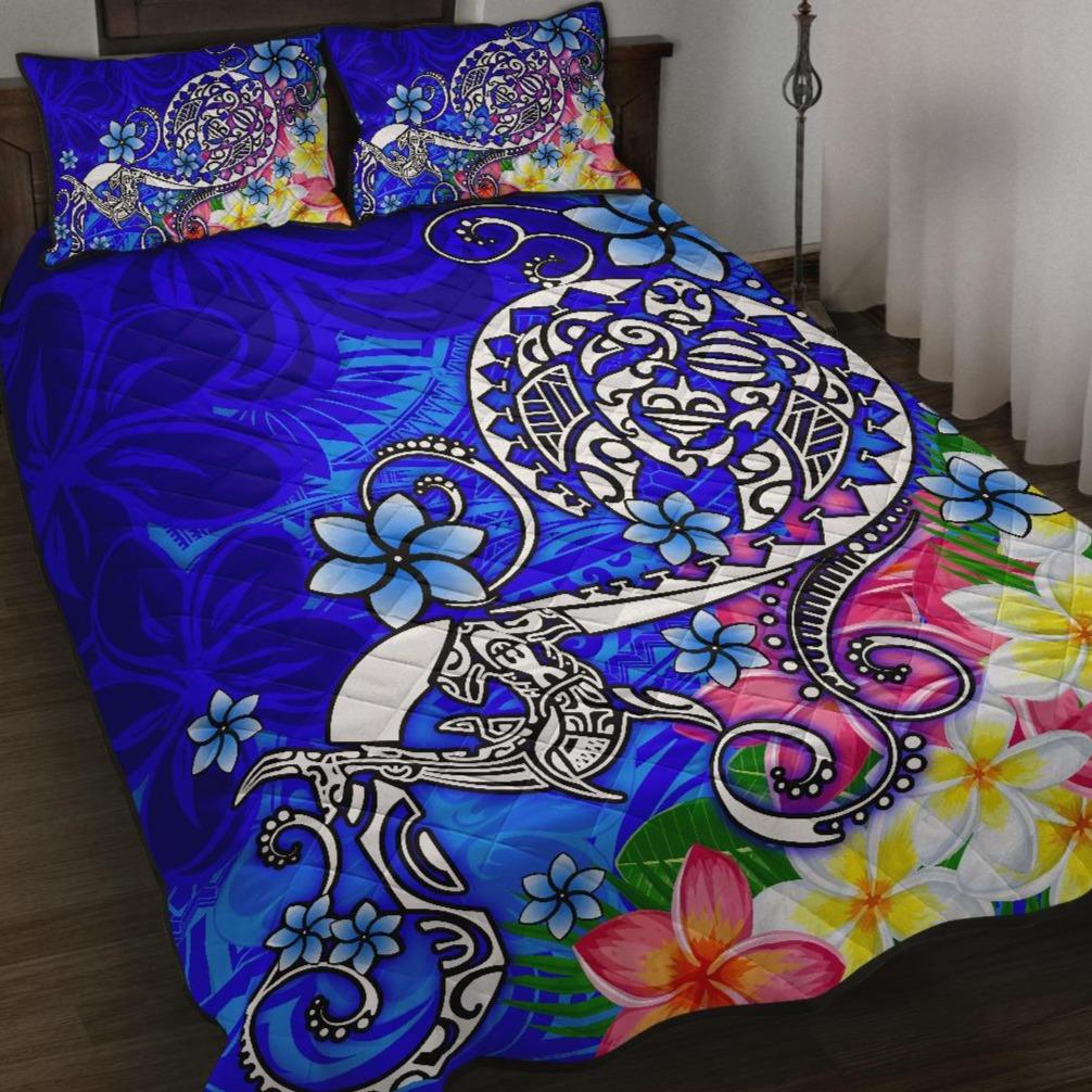 Polynesian Quilt Bed Set - Turtle Plumeria Blue Color Blue - Polynesian Pride