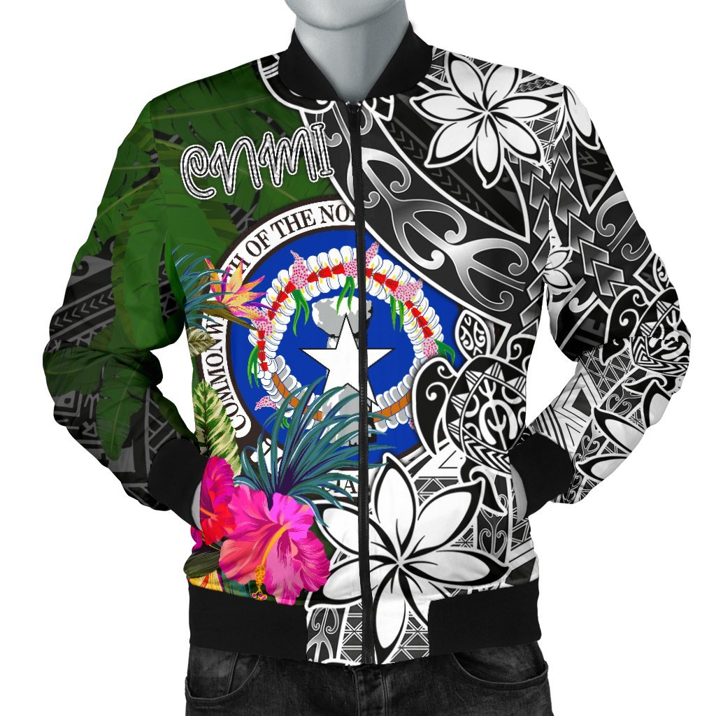 Northern Mariana Islands Men Bomber Jacket - Turtle Plumeria Banana Leaf Black - Polynesian Pride