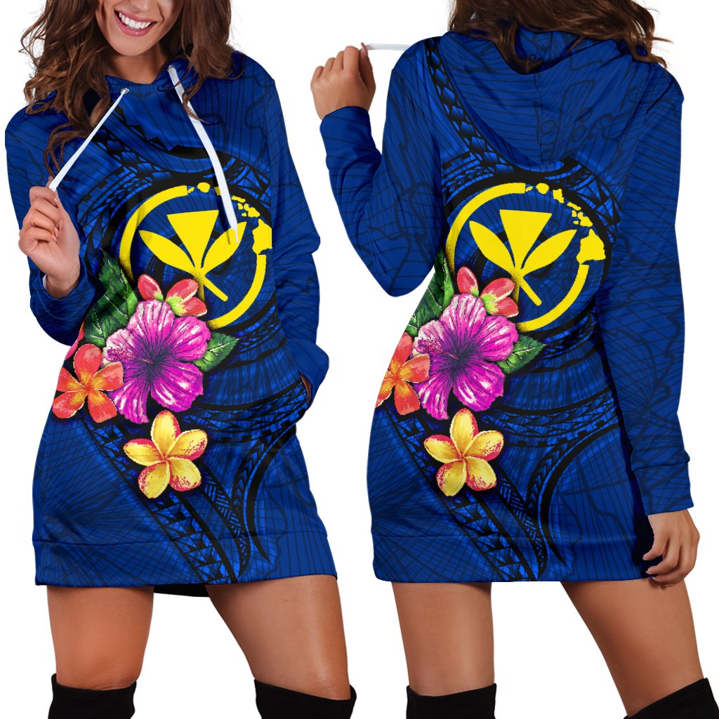 Hawaii Polynesian Women's Hoodie Dress - Floral With Seal Blue Blue - Polynesian Pride