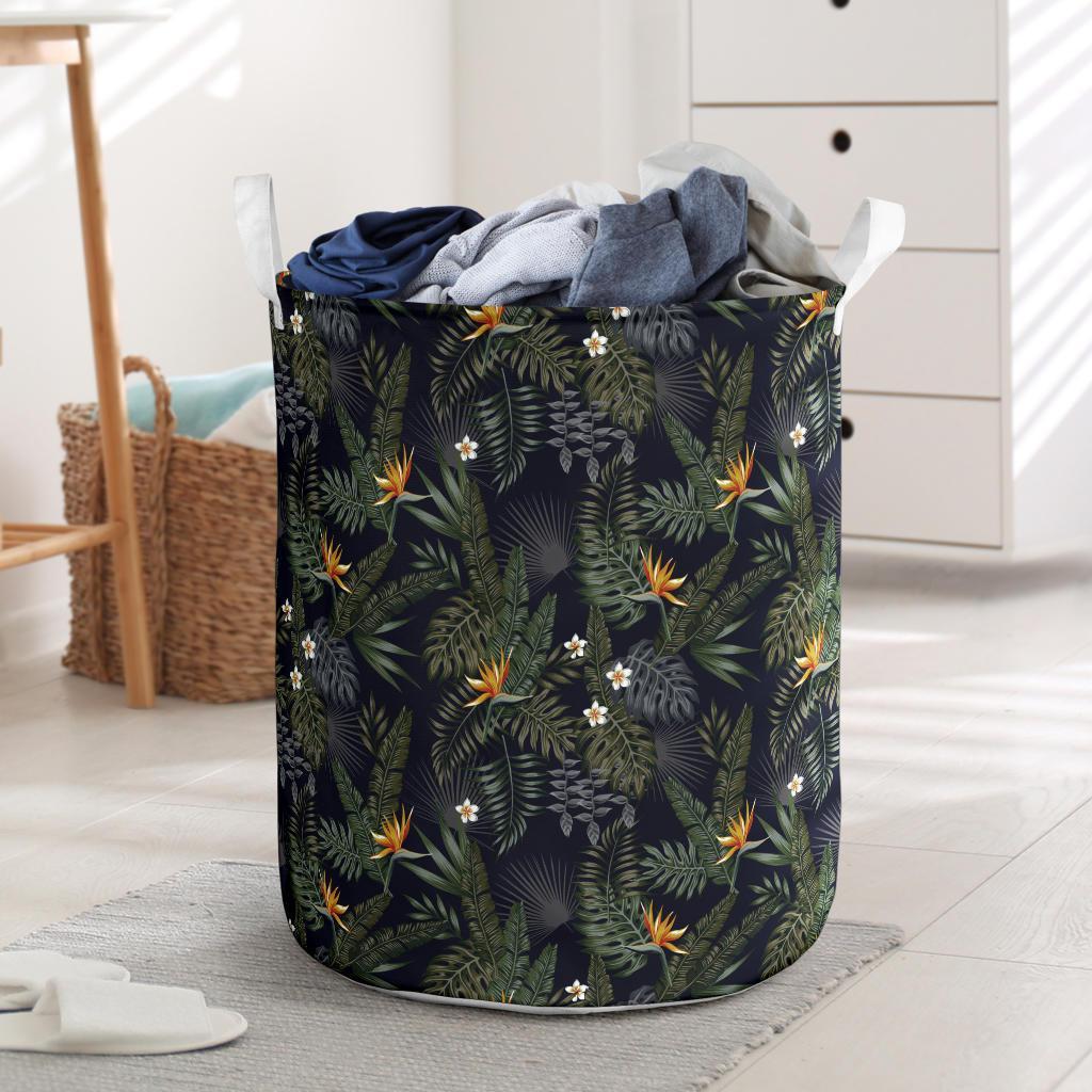 Tropical Leaves And Flowers In The Night Style Hawaii Laundry Basket Laundry Basket One Size Black - Polynesian Pride