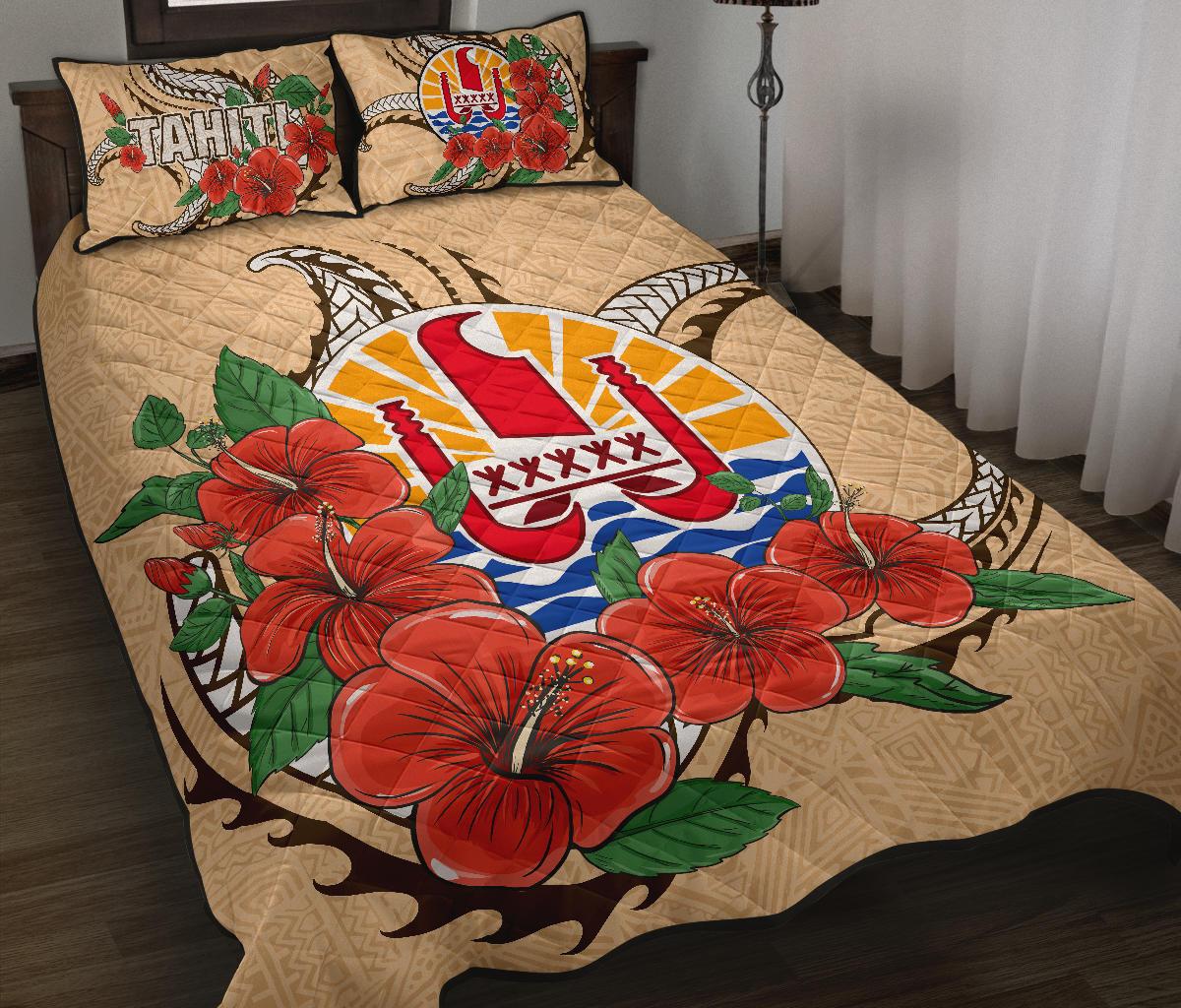 Tahiti Polynesian Quilt Bed Set - Hibiscus Coat of Arm Beige BEIGE - Polynesian Pride