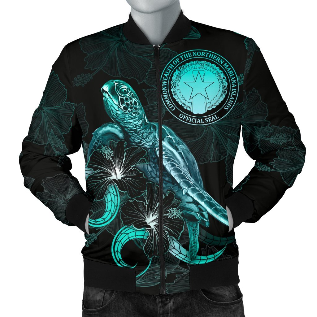 CNMI Polynesian Men's Bomber Jacket - Turtle With Blooming Hibiscus Turquoise Turquoise - Polynesian Pride